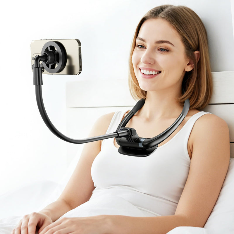 Magnetic Neck Phone Holder for Reading in Bed, One-Hand Operation Comfortable Lazy Cell Phone Mount for iPhone, Around Neck for Video Recording Watch Movies Black