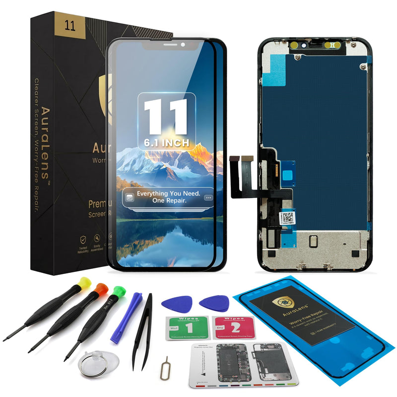 AuraLens for iPhone 11 Screen Replacement Kit LCD Touch Display Assembly | A2111 A2221 A2223, FHD INCELL Digitizer 6.1 Inch, COF, Pre-Tested, Repair Tools, Waterproof Adhesive, Magnetic Screw Pad