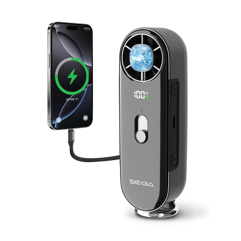 SEIGA Metal Handheld Fan with Cooling Plate,10000mAh Power Bank | 16500 RPM Motor,100 Speeds,22.5W Fast Charging,Retractable USB-C Cable,LED Flashlight,Portable Design Black