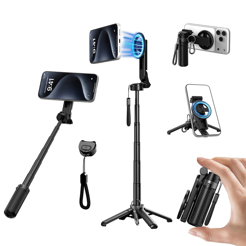 Magnetic Pocket Selfie Stick for iPhone, Lightweight Mini Selfie Stick Tripod with Detachable Remote, MagSafe Compatible, Foldable Extendable Phone Holder for Travel/Vlog/Video/Content Creators