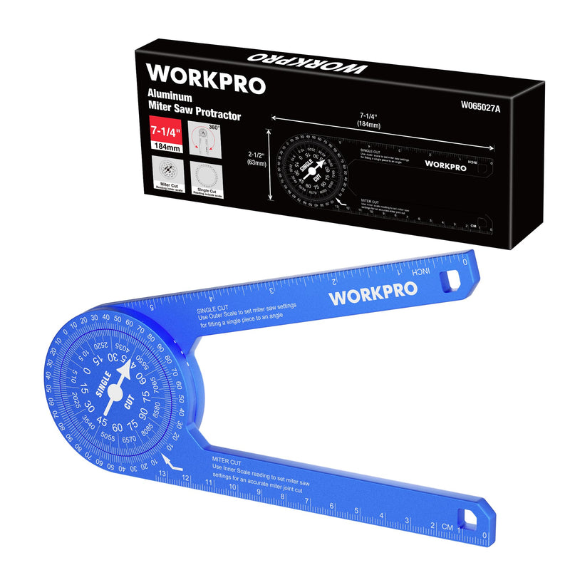 WORKPRO Aluminum Miter Saw Protractor, 7.3 Inch Angle Finder Featuring Precision Laser Engraved Scales for Inside and Outside Corner, Carpenters, Plumbers and All Building Trades, 360° Rotation, Blue
