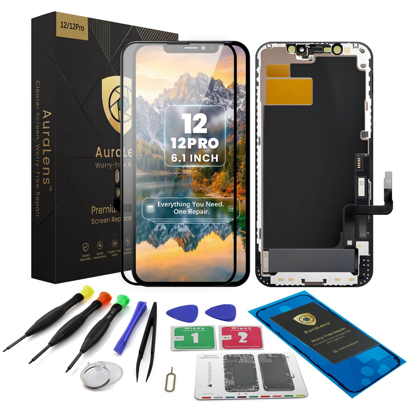 AuraLens for iPhone 12 12 Pro Screen Replacement Kit LCD Display Assembly | A2172 A2402 A2403 A2404 A2341 A2406 A2407 A2408, FHD INCELL Touch Digitizer 6.1 Inch, COF, Tools, Adhesive