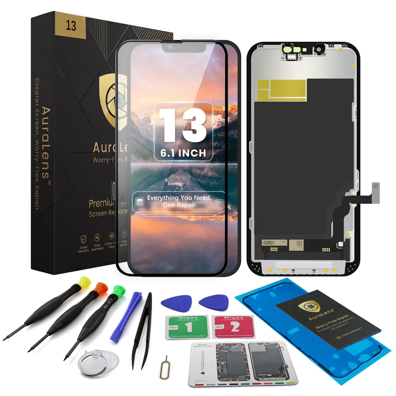 AuraLens for iPhone 13 Screen Replacement Kit LCD Touch Display Assembly | A2482 A2631 A2633 A2634 A2635, FHD INCELL Digitizer 6.1 Inch, COF, Pre-Tested, Repair Tools, Waterproof Adhesive, Black