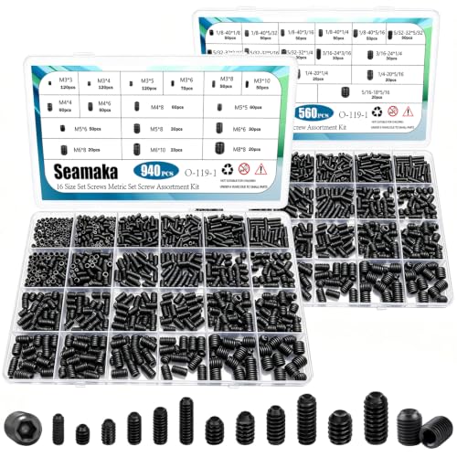 1500 Pcs 32 Size Set Screws Metric&SAE Set Screw Assortment Kit,Black 12.9 Alloy Steel Set Screws Grub Screws for Bathroom Fixtures Door Handles(M3-M8, 1/8"-40 to 5/16"-18) 1500