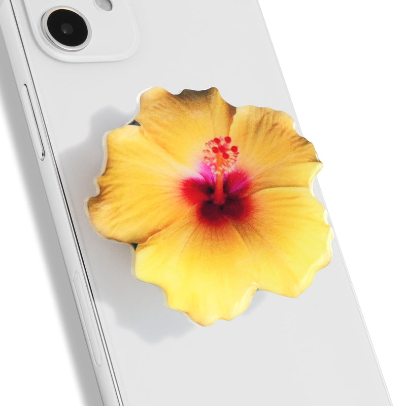 On The Grip Floral Acrylic Phone Grip - Collapsible Smartphone Stand Hibiscus & Moth Orchid Aesthetic Holder (Hibiscus Yellow) Hibiscus Yellow