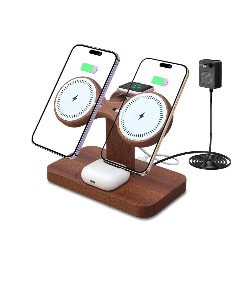 Compatible with Magsafe Dual Phone Charging Station for Apple Devices,Two Phone Wireless Charger for iPhone 17/16/15/14/13,AirPods & Apple Watch,Wood Charger Stand,Gift for Men Dad Boyfriend