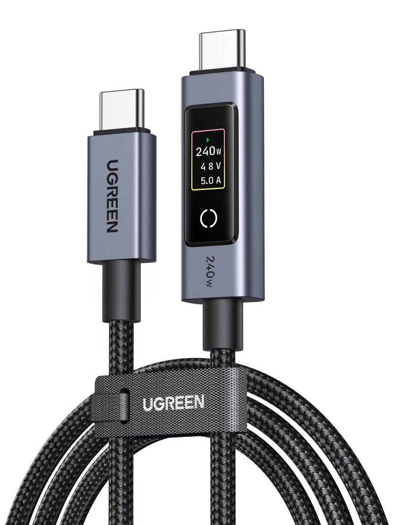 UGREEN Nexode 240W USB-C to USB-C Cable with TFT Smart Display, 6.6ft | Tap to rotate, long-press off. Nylon braided + aluminum. 480Mbps sync. For iPhone, MacBook, Galaxy, Pixel, XPS, Switch & more 1