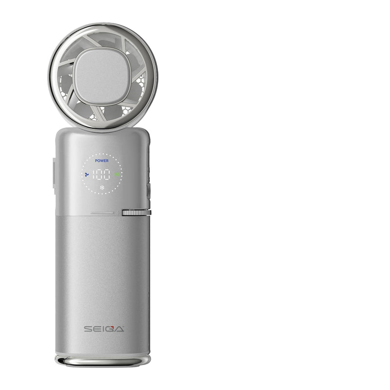 SEIGA Pro Metal Handheld Fan with Cooling Plate,9000mAh Power Bank | 10500 RPM Motor,100 Speeds,22.5W Fast Charging,Built-in USB-C Cable,Lanyard Included,LED Flashlight,Foldable Design