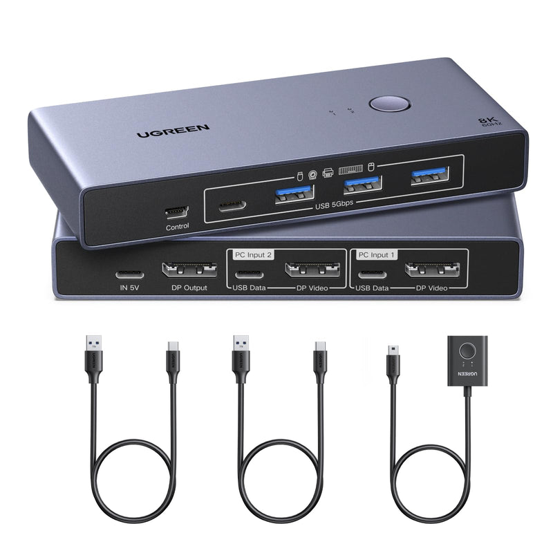 UGREEN 8K@60Hz Displayport KVM Switch 1 Monitors 2 Computers, Aluminum | with 4 USB 3.0 Ports, Support 4K@240Hz, Share One Monitor Keyboard Mouse U-Disk Printer, with 2 USB Cables, no EDID Emulation