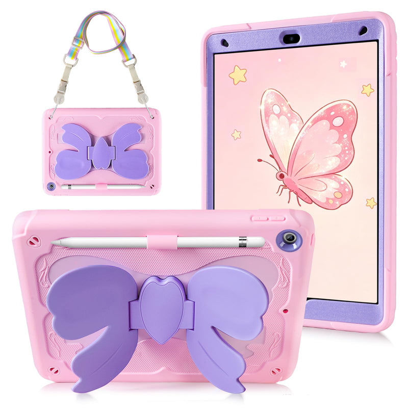 SAMONPOW for iPad 9th/ 8th/ 7th Generation Case iPad 10.2 Inch Kids Case | Full Body Rugged Protective Cover with Cute Bow Stand Shoulder Strap Pencil Holder for Girls iPad Case 9th Gen, Purple Pink for iPad 9th/ 8th/ 7th Gen