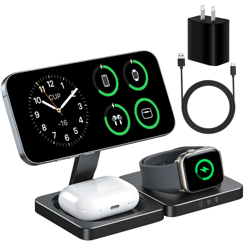 Wireless Charging Station for Apple Devices,Magnetic Travel Charger | Folding 3-in-1 Charger Stand Compatible with MagSafe for iPhone 17 -12 Series,Airpods&Apple Watch,with 20w Adapter. black 1