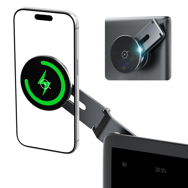 15W Wireless Charger Phone Mount for Tesla, Foldable & Extendable Metal Car Holder with Strong N55 Magnet, 360° Adjustable Stand for Tesla Model 3/Y/S/X/Cybertruck, Only Design for MagSafe
