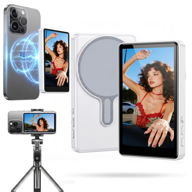 Magnetic Vlog Selfie Monitor Screen for iPhone & Android, 4-Inch IPS HD Wireless Back Camera Monitor with Bluetooth Remote, 1800mAh Battery, 3-Level Brightness, No Delay Live Stream for TikTok YouTube White