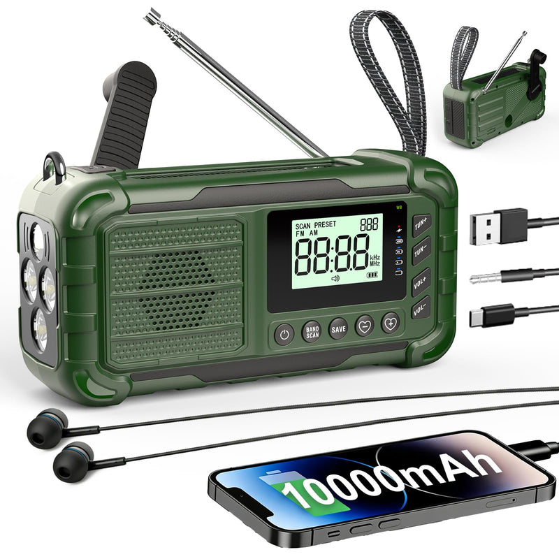 Emergency NOAA Weather Radio, 10000mAh, Solar Hand Crank Radio with AM/FM | Battery Backup, Emergency Cell Phone Charger, Flashlight with Red Blue Warning Light, SOS Alarm, for Camping Hiking Survival Army Green
