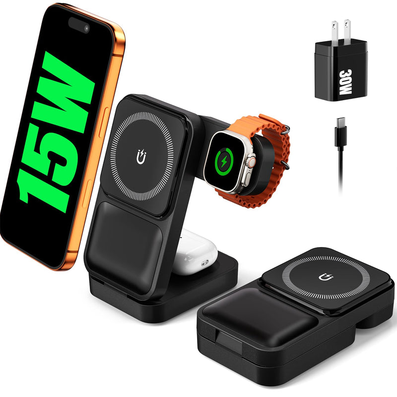 15W Travel Charging Station 3 in 1 Fast Charger Stand for Magsafe | Foldable Compact, Magnetic Wireless Charger Stand for iPhone, Phone Charging Dock for Apple Watch/AirPods(With 30W Adapter) Black