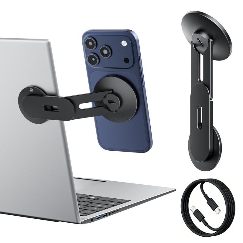 Magnetic Laptop Phone Holder Charger Compatible with MagSafe iPhone, 15W Fast Wireless Charger, 110° Foldable & 180° Adjustable Side Phone Mount for Computer/Tesla/Monitor/All Phones, Black