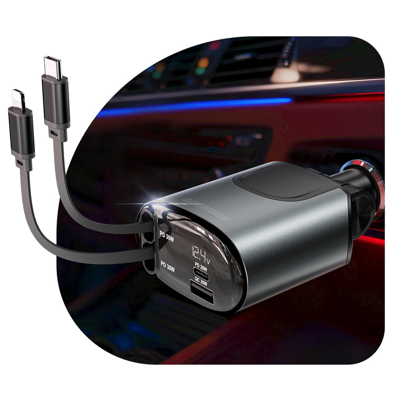 Retractable Car Charger 100W, Phone Charger USB C Fast Charging, 4 in 1 | Cigarette Lighter Adapter for iPhone 17 16 15 14 13 12 11 Samsung Pixel, Travel Essentials Car Accessories Gifts for Him Her