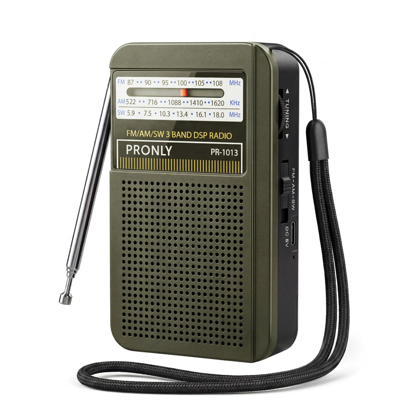 Portable AM FM Radio, 3 Band Transistor Radio with Shortwave, USB-C Rechargeable Portable Radio with Speaker & Telescopic Antenna for Home Camping Emergency, Green Army Green