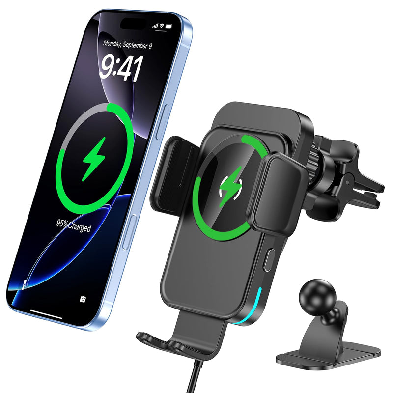 Wireless Car Charger, 15W Car Phone Holder Charger for iPhone 17 16 Series | Auto Clamping & Alignment, 360° Rotation Hand Free Phone Holders for Your Car Dashboard Windshield Air Vent Car Accessories Black
