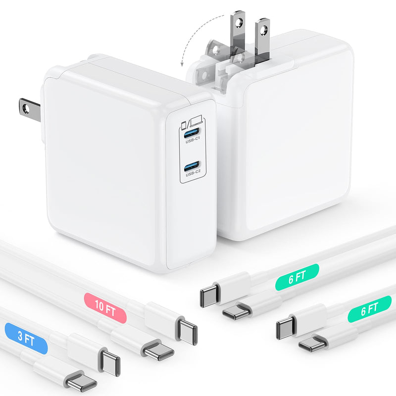 USB C MacBook Charger for MacBook Pro/MacBook Air 16 15 14 13 Inch 2025 2024 2023 2022 2021 2020 2019 M5 M4 M3 M2 M1,2Pack 75W USBC Laptop Power Adapter with 3+6+6+10ft USBC Cable for iPhone 17/16/15 White 3/6/6/10ft