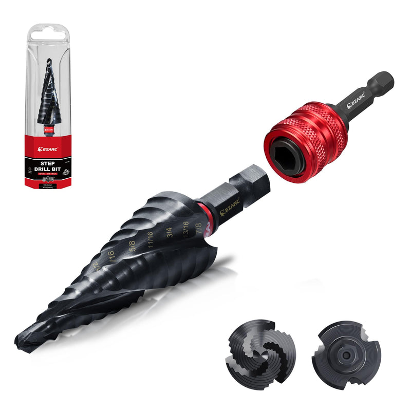 EZARC Step Drill Bit for Metal (3/16''-7/8'')，M35 Cobalt Wear-Resistant AlTiN Coated Step Drill Spiral Flute Unibit, 5/16" Thickened and 1/4" Hex Shank for Stainless Steel, Aluminum, Plastic 3/16"- 7/8"