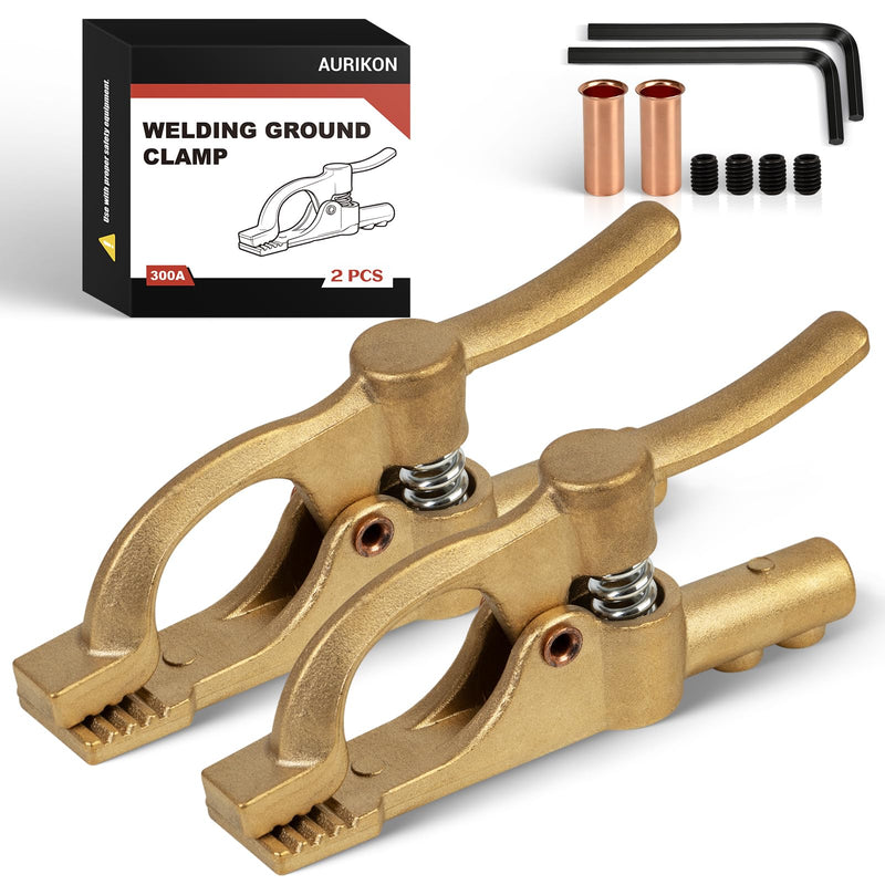 300 Amp Brass Welding Ground Clamp, 2-Pack Heavy Duty Earth Clamp with D-Shaped Serrated Jaws, Fits 1/0–2/0 AWG (50–70 mm²) Welding Cables