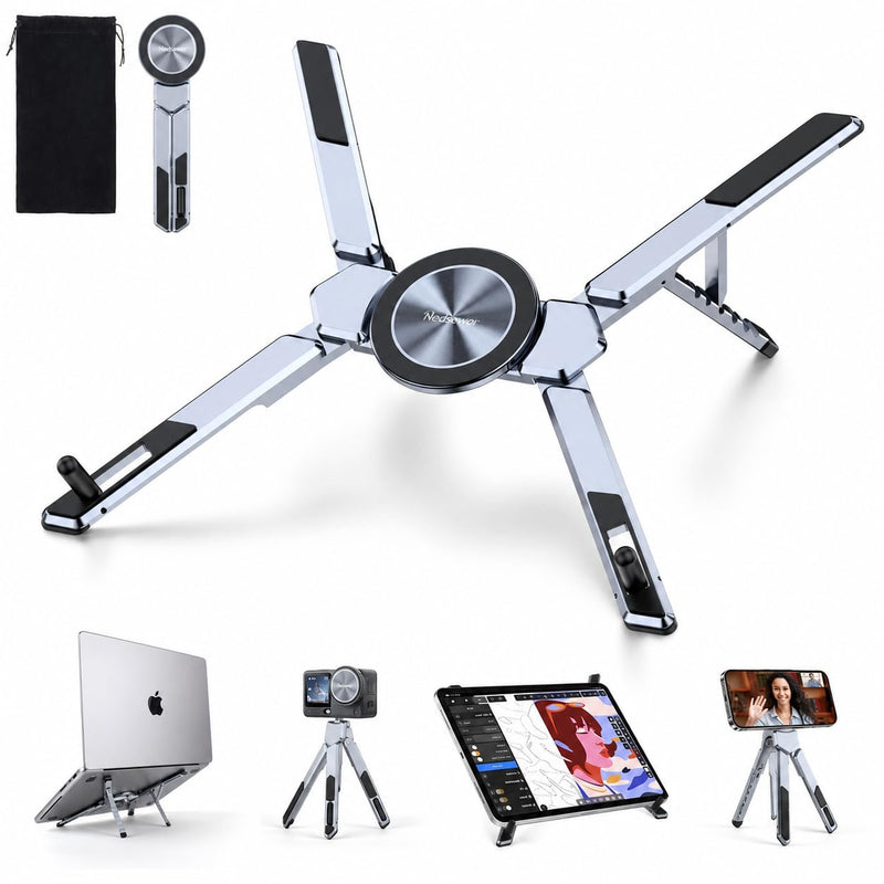 4-in-1 Adjustable Laptop Stand for desk with Magnetic Phone Holder & Camera Tripod, Foldable Aluminum Stand for Laptop, Tablet, Camera, Portable Ergonomic Desk Setup for Travel & Remote Work(Gun Gray) Gun Gray