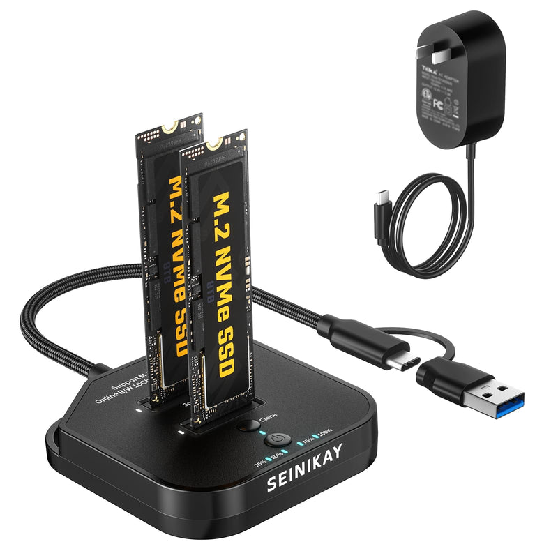 Dual Bay NVMe Cloner Duplicator with C to C-A Cable, USB-C 3.2 GEN2 16Gbps Offline Clone, M.2 PCIe NVMe SSD Reader Docking Station Adapter, Tool-Free, 5V 3A Power