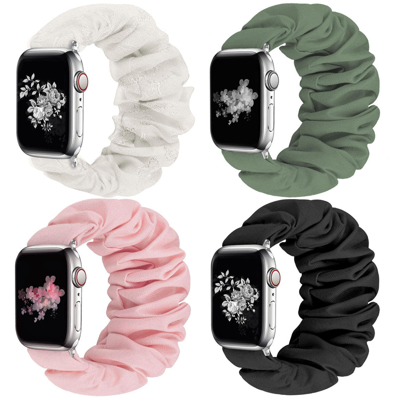 4 Pack Scrunchie Band Compatible with Apple Watch Bands 38mm 40mm 41mm 42mm 44mm 45mm 46mm 49mm Women, Scrunchy Bracelet Strap for iWatch Series 11 10 9 8 7 6 5 4 3 2 1 SE 3 2 1 Black/Pink/Pine Green/Floral Lace 38/40/41mm/(42mm-series 11 10)-s