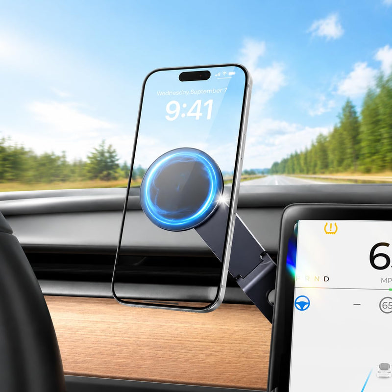 Tesla Phone Mount for Magsafe: Tesla Car Phone Holder for Tesla Model 3/Y Accessories 【Strongest N52 Magnet + 360° Adjustable】 Foldable Hidden Car Mount Magnetic iPhone & Android