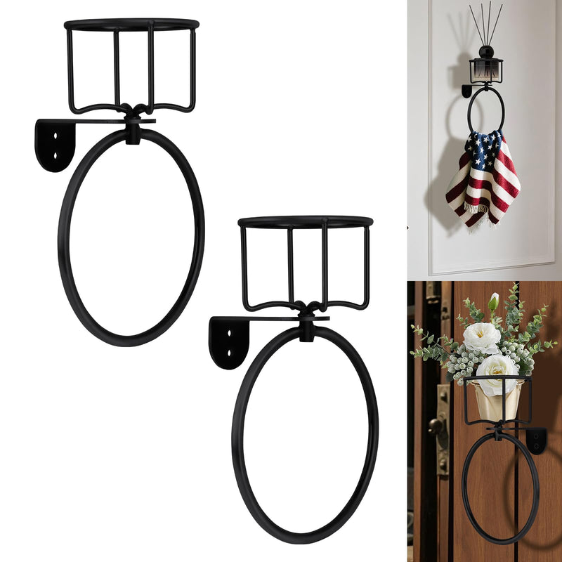 2Pcs Vintage Towel Ring with Candle Holder – Unique Antique Rustic Bathroom Accessories, Towel Holder, Wall-Mounted, Sturdy (Black) Black 2