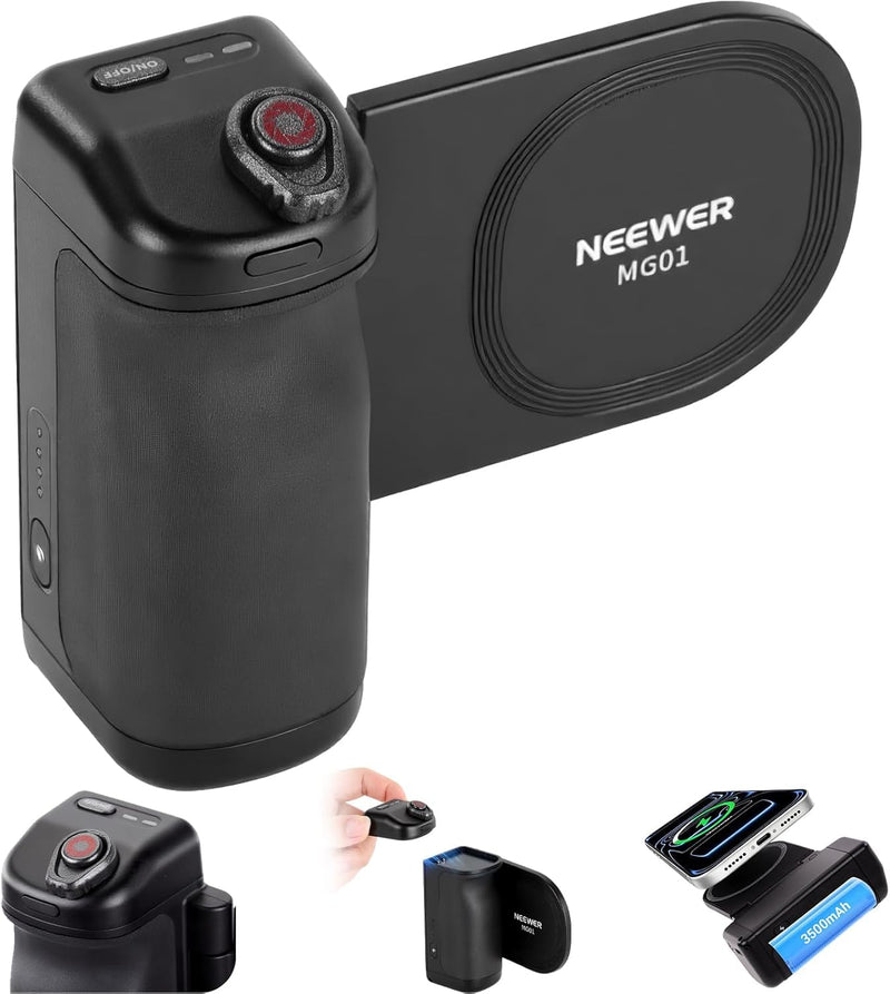 NEEWER Magnetic Phone Camera Grip Compatible with MagSafe iPhone Samsung Wireless Charging, Ergonomic Handle Holder with 3500mAh Battery & Detachable Remote for Tripod Mount Video Recording, MG01