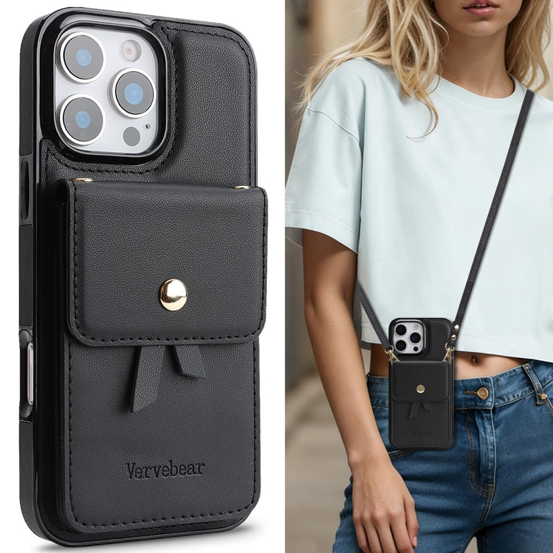 Compatible iPhone 16 Pro Max Wallet Case, RFID Blocking PU Leather Flip Phone Cover with Card Holder Slots, Kickstand, Crossbody Lanyard, Wrist Strap & Wristlet for Women, Black iPhone 16 Pro Max 6.9"
