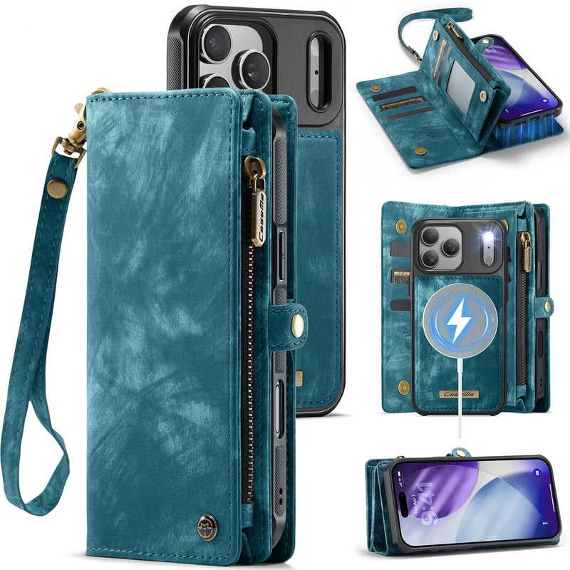 Compatible with iPhone 17 Pro Max Wallet Case with Magsafe with Zipper & Card Holder Strap Wristlet Detachable Magnetic Protective Back Case for iPhone 17 Pro Max 5G 6.9 Inch (Blue) iPhone 17 Pro Max 6.9 Inch (Detachable and Magsafe)-Blue