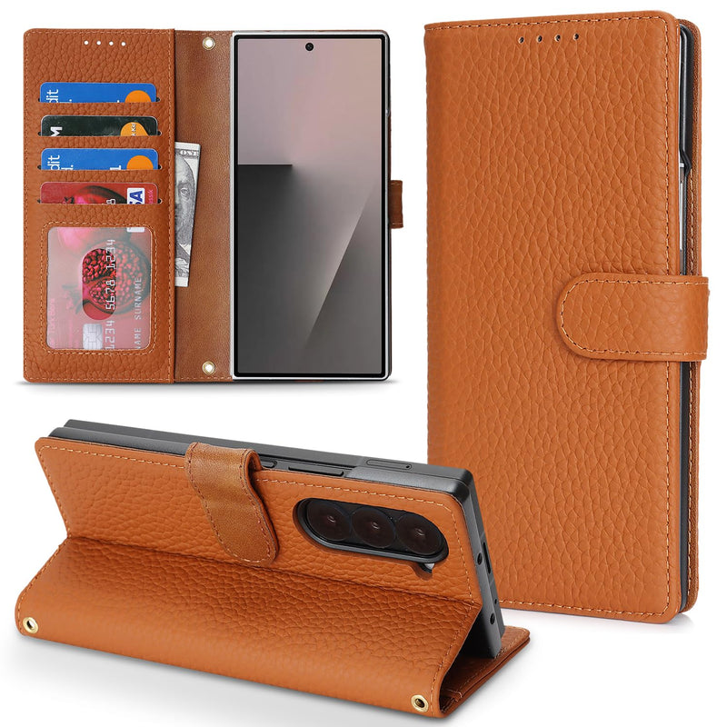 Genuine Leather Case for Galaxy Z Fold6 Wallet Case for Samsung Galaxy Z Fold 6 5G Magnetic Flip Cover Book Purse Card Holder Kickstand Shockproof Phone Cover-Brown Brown