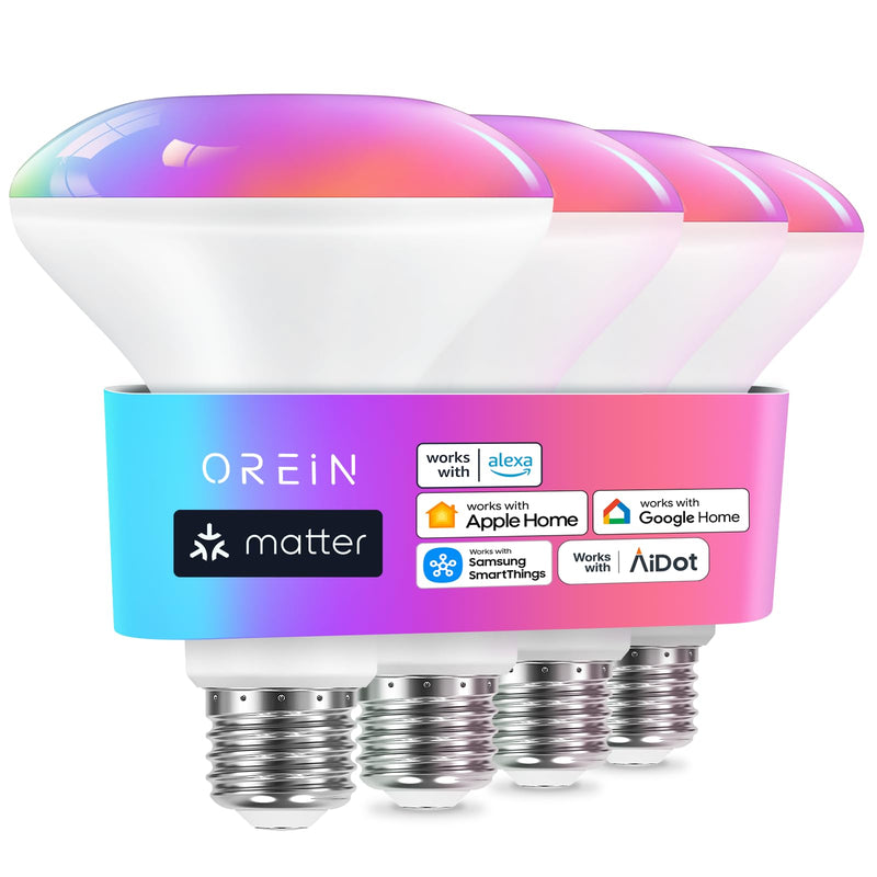 OREiN Matter BR30 Smart Light Bulbs Compatible with Alexa, Apple Home, Google Home, SmartThings, 60W Smart Bulbs 2.4Ghz WiFi only, 650 Lumens RGBTW Color Changing Led Light Bulbs, 4 Pack 4 Pack-B
