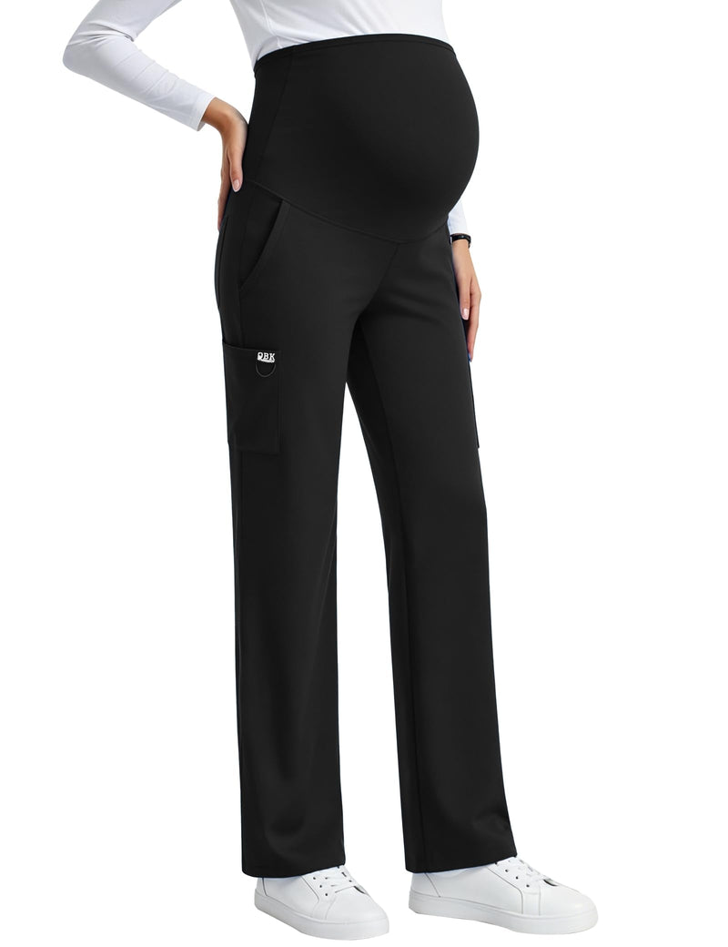 QBK Women's Maternity Scrub Pants Straight Cargo Work Pants with 6 Pockets 4-Way Stretch Regular Medium Black