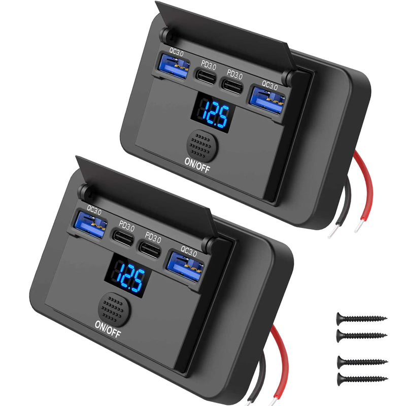 2 Pack 12V USB Outlet Surface Mount 4 Port with Voltmeter, Dual PD 36W and QC3.0 18W Car USB Port Lightweight Charger Socket Replacement Panel with Button Switch for Boat Bus Marine RV Truck Golf Cart 2 pack