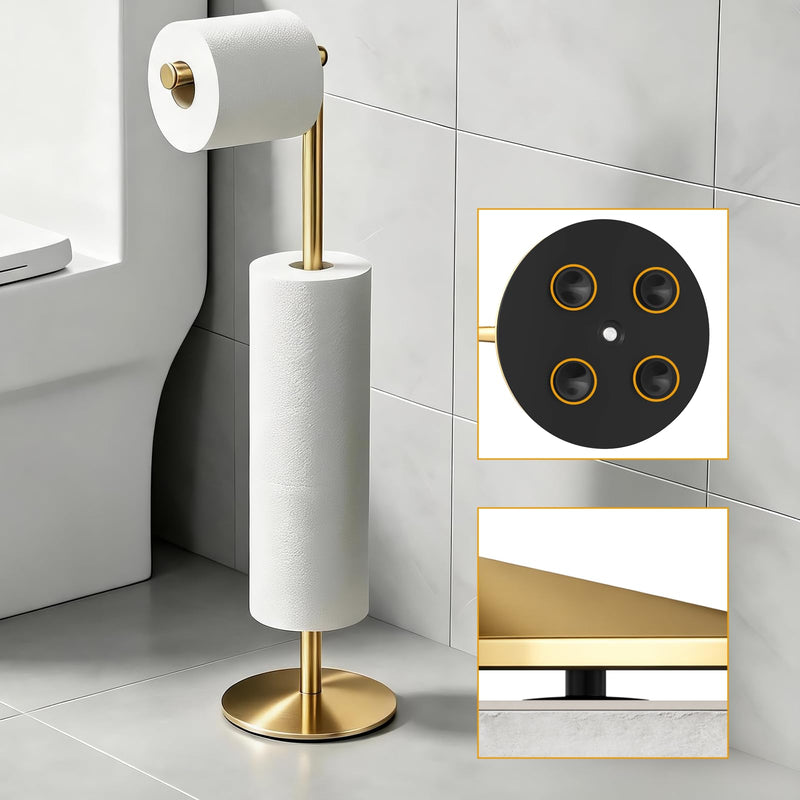 Toilet Paper Holder Stand, Stainless Steel Suction Cups Freestanding Toilet Paper Holder with Weighted Base, Storage for 4 Rolls of Paper for Bathroom (Gold) Gold