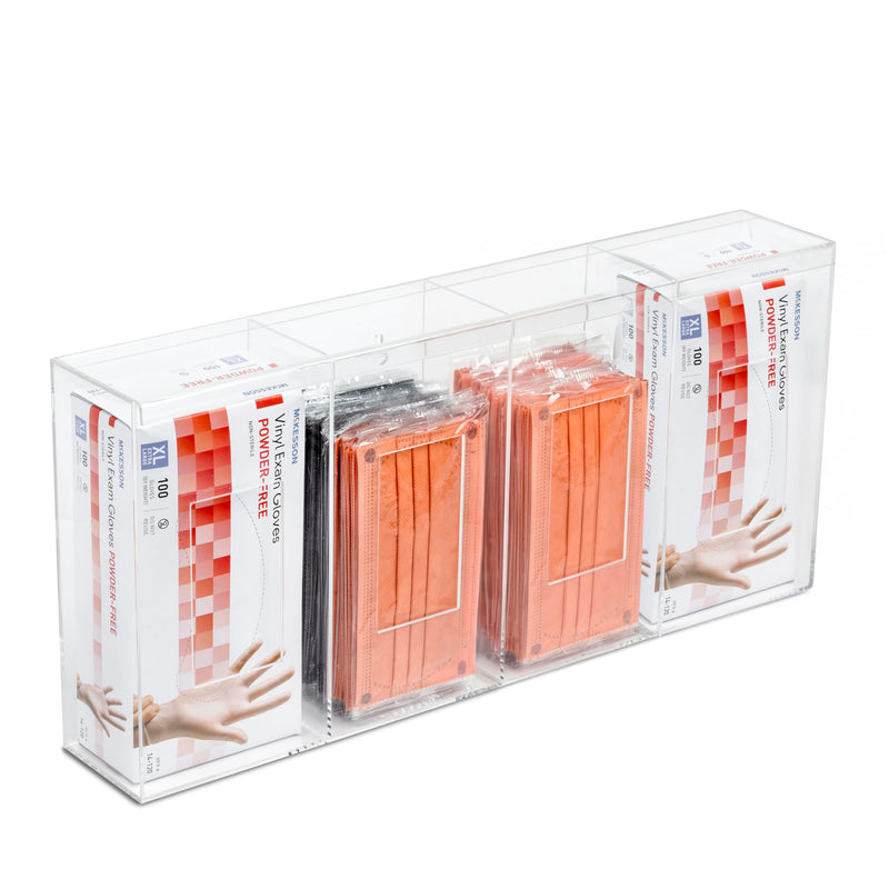 IneVibe Quad Hygiene Holder - 4 Compartment Acrylic Dispenser with Lid for Hairnets, Glove Boxes, Face Masks, Plastic Bags, Tissue Boxes in Home or Medical Setting - Counter or Wall Mount (Quad)