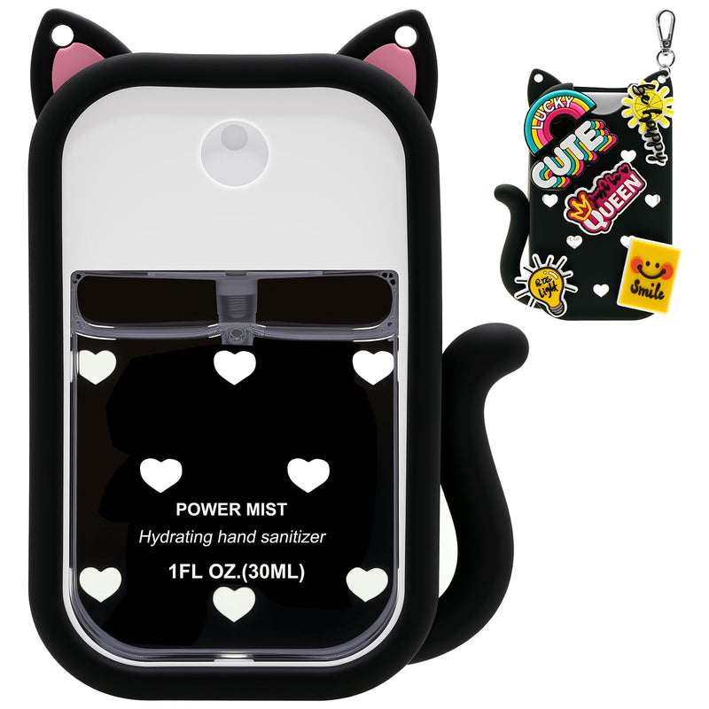 Cat Silicone Case for Touchland Hand Sanitizer Spray, Compatible with 1 FL Oz/30ML Power Mist & Glow Mist, Cute Travel Cover with Keychain & Charms (Black)