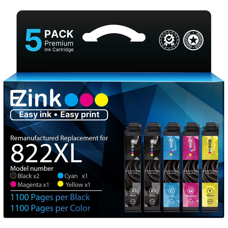 E-Z Ink Remanufactured Replacement for Epson 822XL Ink Cartridge for 822 XL | Compatible for Epson WF-3820 Printer Ink Cartridges for WF-3820 WF-3823 WF-4820 WF-4830 WF-4833 Printer (5 Pack)