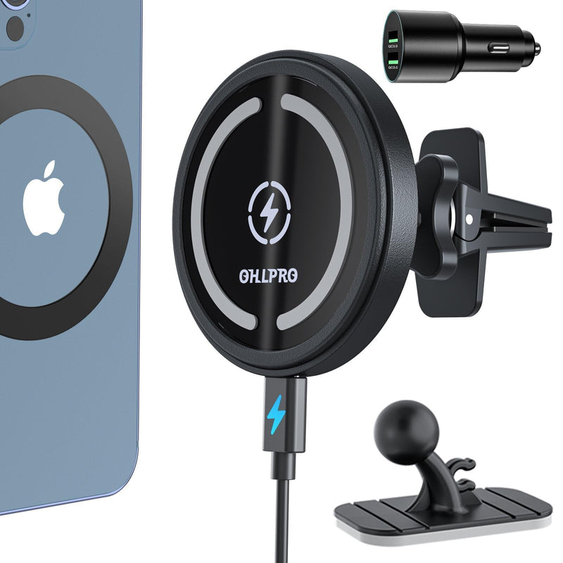 OHLPRO for MagSafe Car Mount Charger iPhone Wireless Car Charger, Stick on Dashboard Magnetic Phone Holder Mount for iPhone 17 Pro Max 16 15 14 Series, 15W Fast Charging, Aluminum Shell Black