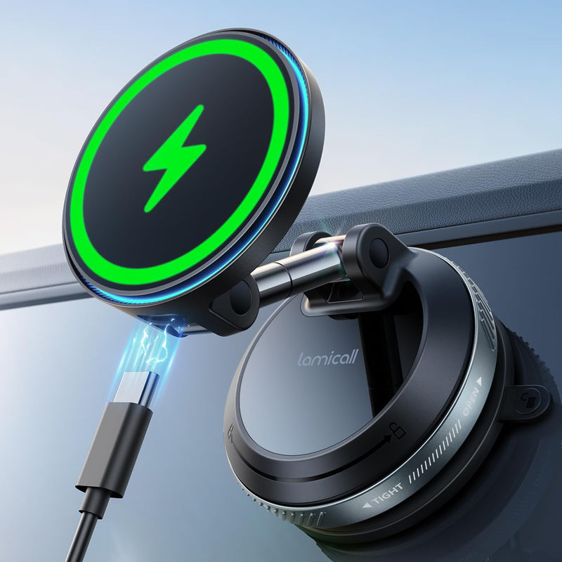 Lamicall 15W for MagSafe Car Mount Charger, 360° Wireless Car Phone Holder | Dual USB-C Ports Magnetic Phone Holder for Car, 70 LBS Vacuum Suction Phone Mount for iPhone 17 16 Pro Max Truck Jeep Black 64 mm