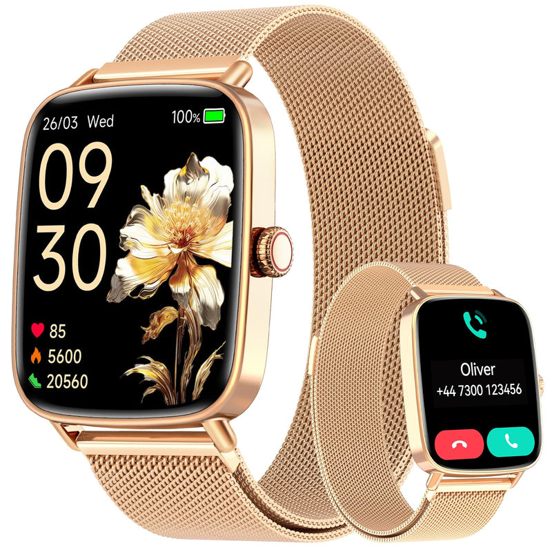 Gydom smart Watches for Women, 1.85" HD Fitness Tracker with Bluetooth Call | 110+ Sports Modes, Heart Rate, SpO2, Sleep & Stress, IP68 Waterproof, 7-10 Day Battery, Android/iPhone, Gold Steel Band Rose Gold 1.85 inches