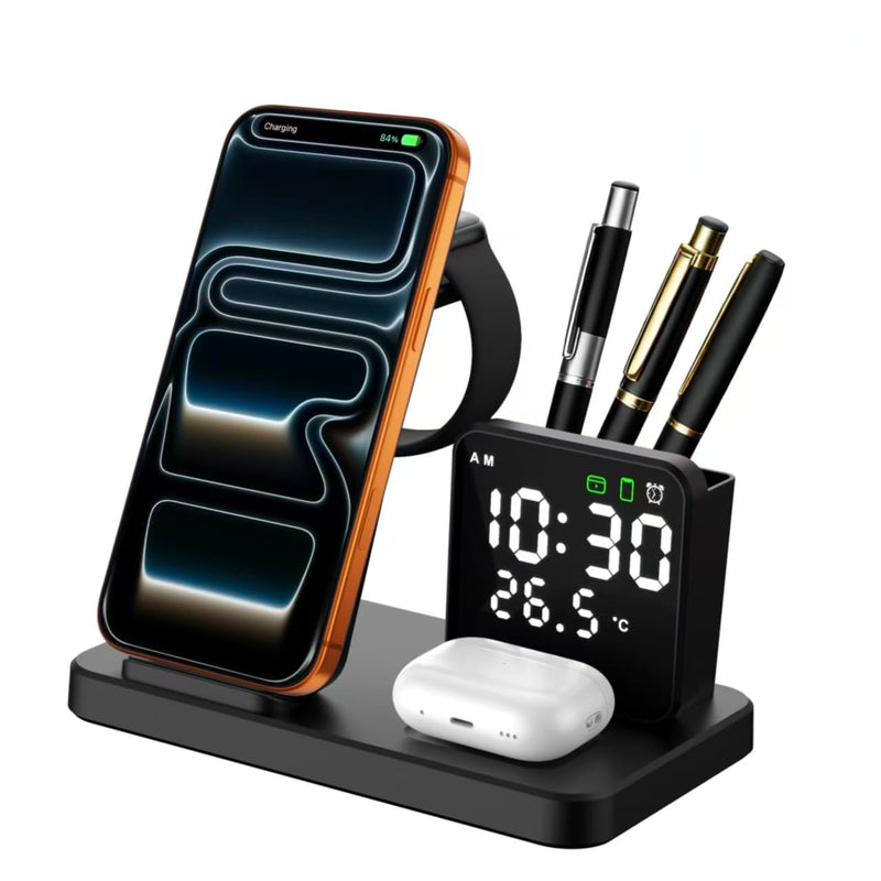 5 in 1 Wireless Charging Station with Alarm Clock Pen Holder, Fast Wireless Charger for iPhone 17/16/15/14/13/12/Pro/Max/Air, for iWatch & AirPods, Charger Stand with Temperature, Snooze Model Black