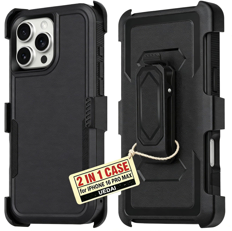 2 in 1 Case for iPhone 16 Pro Max with Belt Clip Defender, Heavy Duty Shockproof Holster with 360 Rotating Kickstand, (6.9" Black)