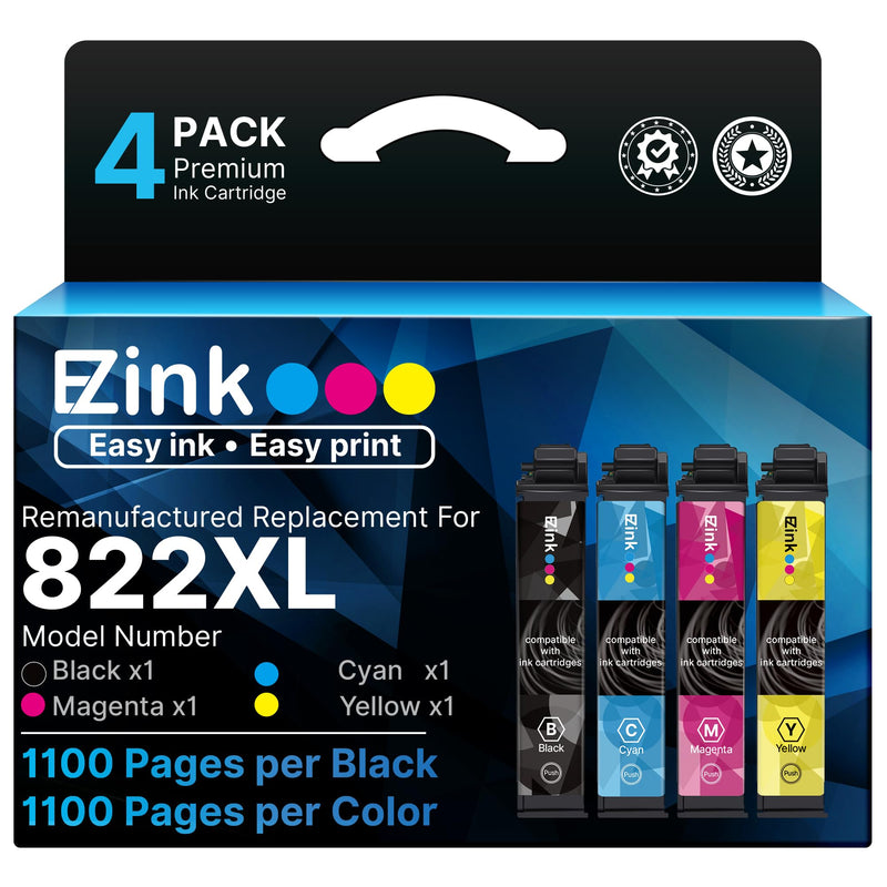 E-Z Ink Remanufactured Replacement for Epson 822XL Ink Cartridge for 822 XL | Compatible for Epson WF-3820 Printer Ink Cartridges for WF-3820 WF-3823 WF-4820 WF-4830 WF-4833 Printer (4 Pack)