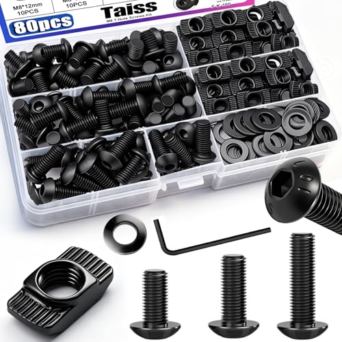 Taiss 80PCS M8 T-Nuts Screws Kit for 4040 4080 Series Aluminum Extrusion Black Carbon Steel M8x12/16/20mm Button Head Socket Cap Head Bolts and Drop in T-Nuts & Washers with Hex Wrench 80pcs 40 Series T-Nuts Screws Kit