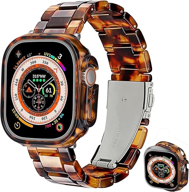 Band with Case Compatible with Apple Watch 49mm Ultra 3 2 1, [No Screen Protector] Women Men Fashion Resin Strap Bumper for iWatch Ultra Tortoiseshell-Titanium Ultra 3 2 1,49mm